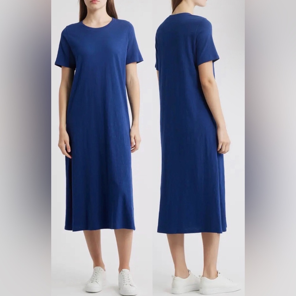 NEW Eileen Fisher Creneck Organic Cotton Deep Dive Blue Maxi T-Shirt Dress sz S